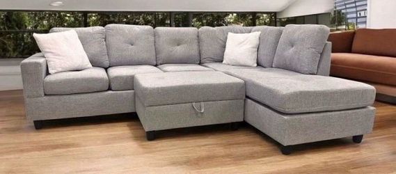 NEW IN BOX Grey Fabric Sectional with Free Storage Ottoman -54 DOWN PMT