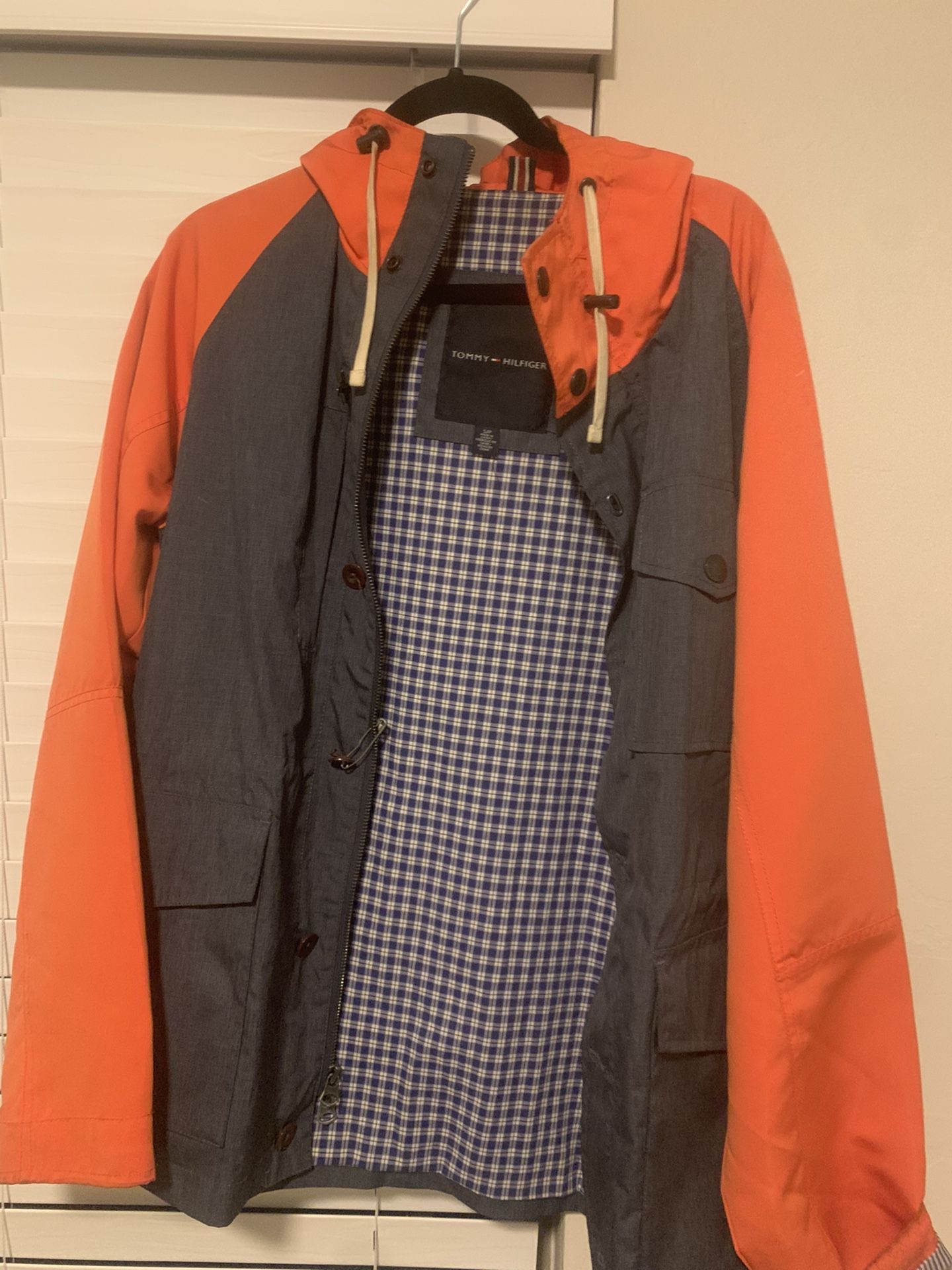 TOMMY HILFIGER RAIN FALL SPRING CASUAL JACKET PLAID DENIM ORANGE
