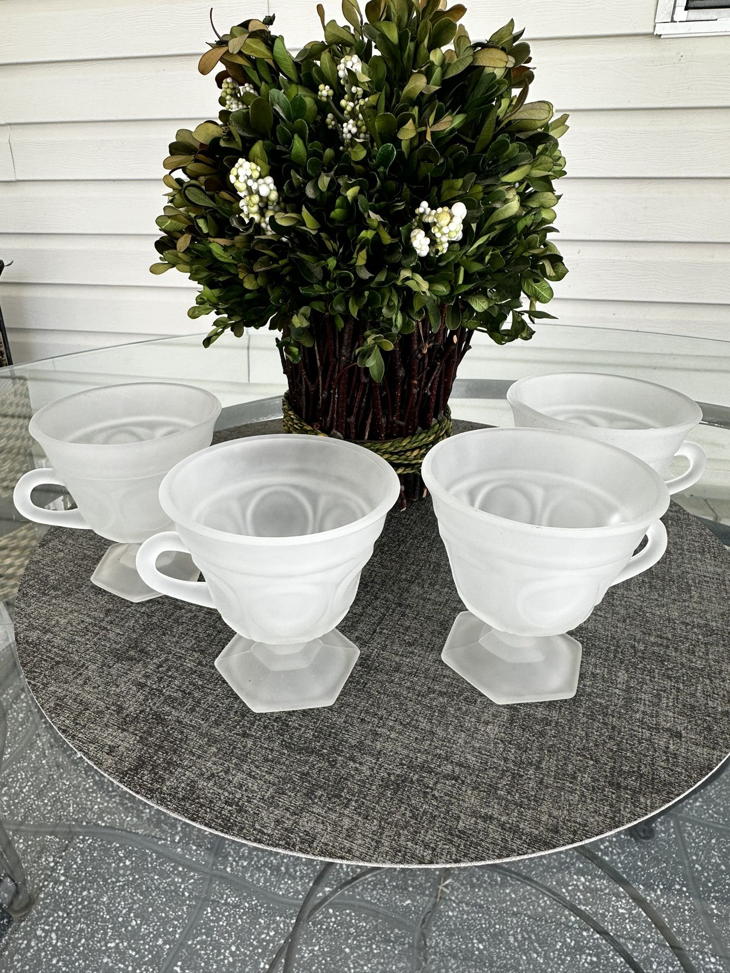 Vintage Tiara Provincial Frosted Glass Punch Cups, Indiana Glass Footed 6oz Cups with Circle Design Set of 12.