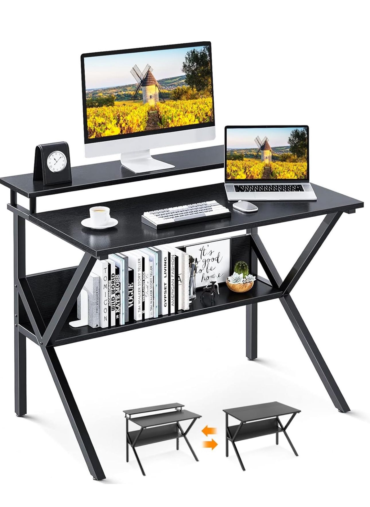 ODK Small Computer Desk, 27.5 Inch, Compact Tiny Study Desk with Storage and Monitor Stand for Home Office, Small Spaces, Black “Free Assembly Availa