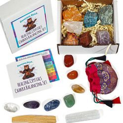 Healing Crystals Chakra Balance Kit (17 Pc Starter Set), 7 Tumbled & 7 Rough Stones, Selenite Stick & Palo Santo Smudge for Good Energy, Chart & Guide