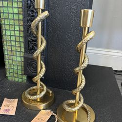 Beautiful Pair Of Brass And Metal Gold Snake Tapered Candle Holders 