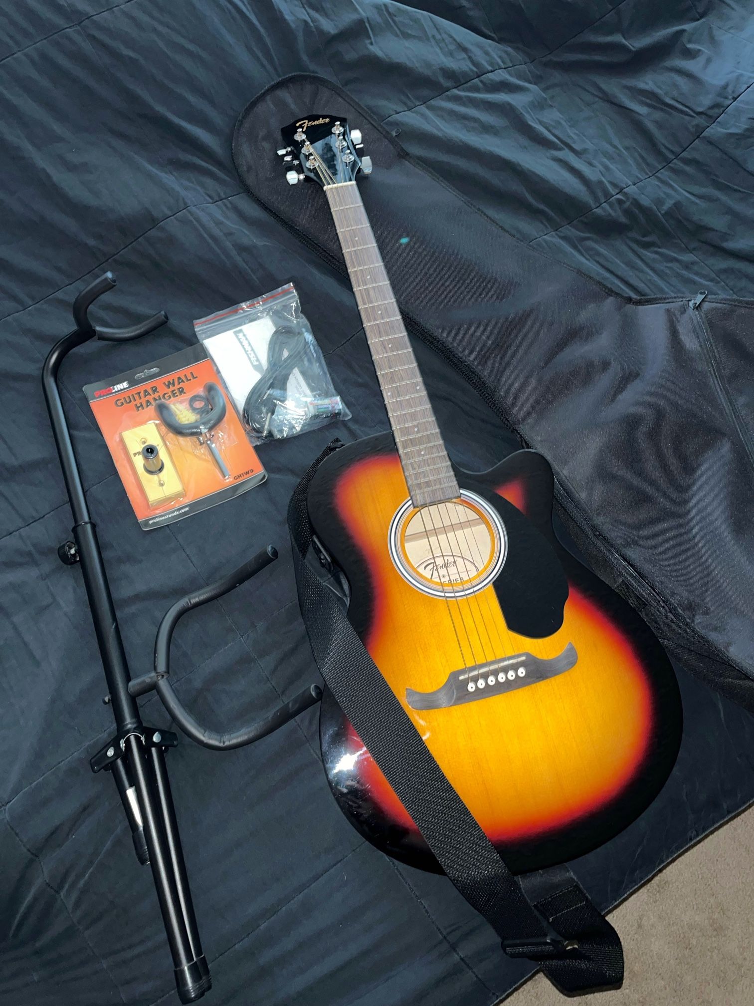 Fender FA-135CE Concert Acoustic-Electric Guitar Sunburst With Guitar Stand, Case, Wall Stand, Strap And Cable