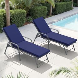 2-Piece Aluminum Adjustable Outdoor Chaise Lounge in Gray with Patio Chaise Lounge Cushions in Navy
