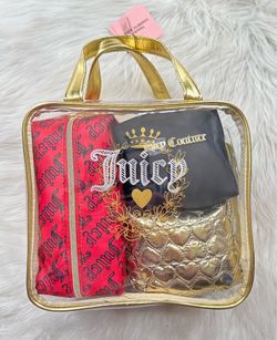 Juicy Couture 4 Piece Nested Cosmetic Storage Bag Set w/ Travel Toiletry Bottle