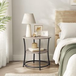 Side Table, Round End Table with 2 Shelves for Living Room, Bedroom, Nightstand with Steel Frame for Small Spaces, Outdoor Accent Coffee Table, Greige