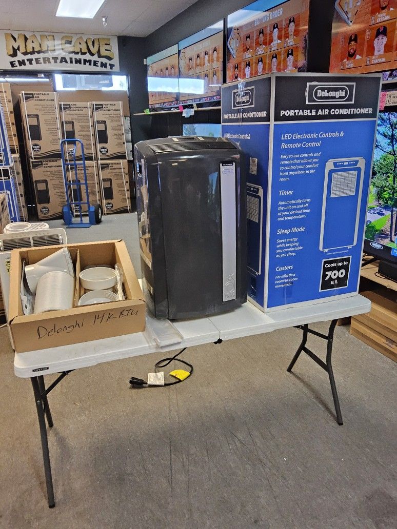 DELONGHI PORTABLE AC 14K BTU 700 SQ FT MANY AVAIL IN BOX COMPLETE ALL ACC WITH WARRANTY - TAX ALREADY INCL IN THE PRICE OTD - PAYMENT PLANS AVAIL
