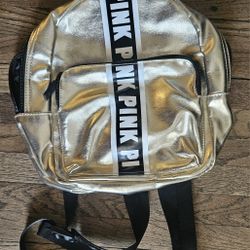 VICTORIA'S SECRET CHAMPAGNE GOLD  " PINK"  LOGO SMALL  BACKPACK  /PURSE LIMITED  EDITION 
