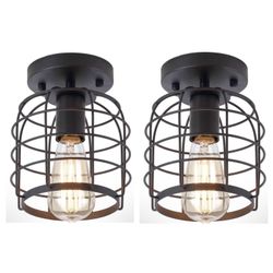 Set of 2 Industrial Vintage Flush Mount Ceiling Lights,Rustic Metal Cage