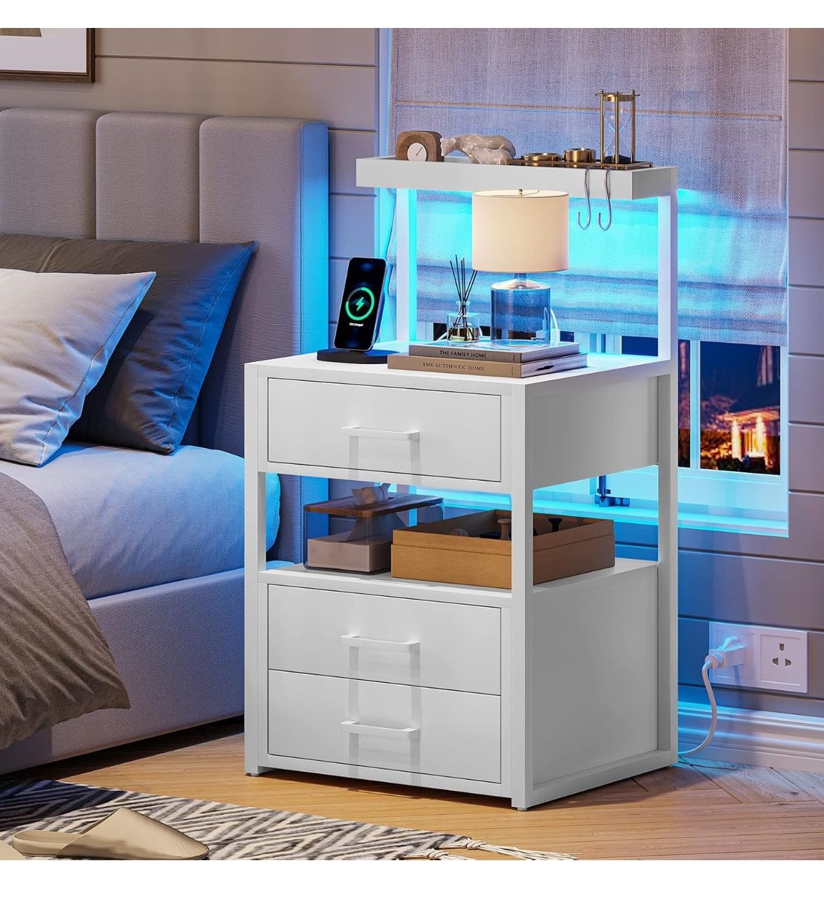 Nightstand with Charging Station and LED Lights, LED Night Stand with 2 USB Ports and 2 AC Outlets, Modern End Table with 3 Drawers, Bedside Table wit