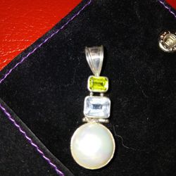 HANDMADE STERLING CHARM WITH PEARL  BLUE TOPAZ AND GREEN TOPAZ 