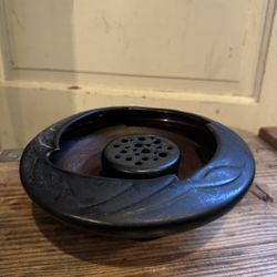 Ceramic Pottery Frog Flower Holder And Matching Bowl.