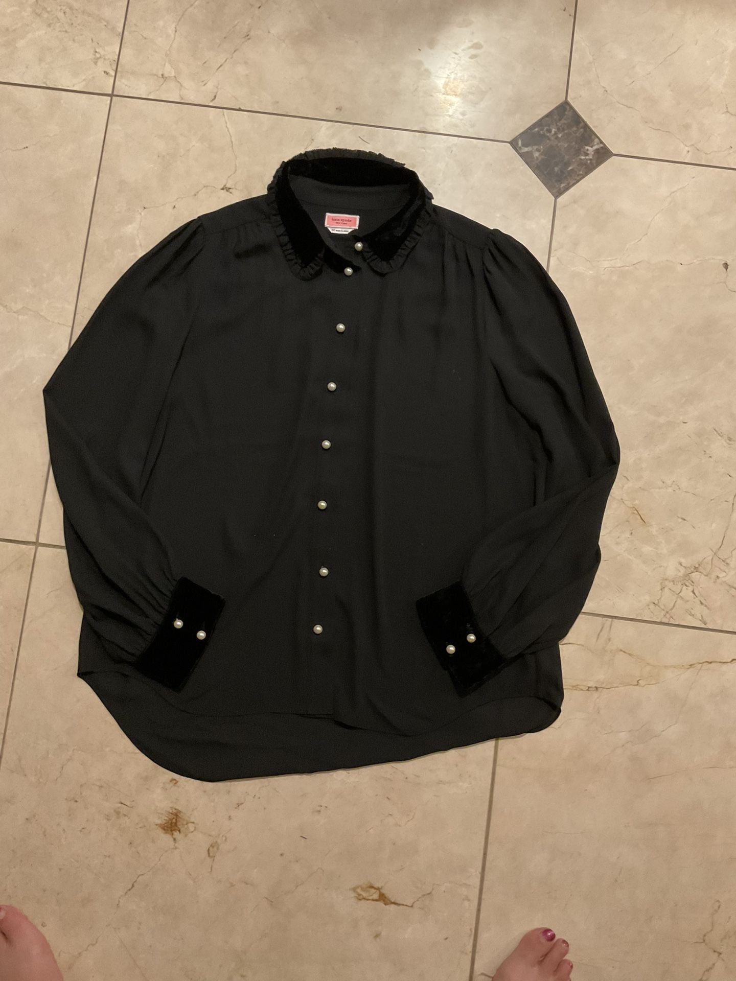 Chic Elegance: Luxurious Kate Spade Top With Silk/velvet Trim Pearl Buttons