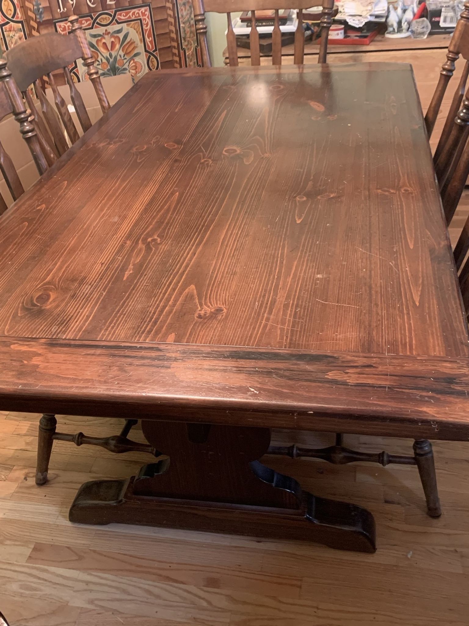 Vintage 1972 Ethan Allen Pine Dining table With 6 Chairs And 2 Leaves