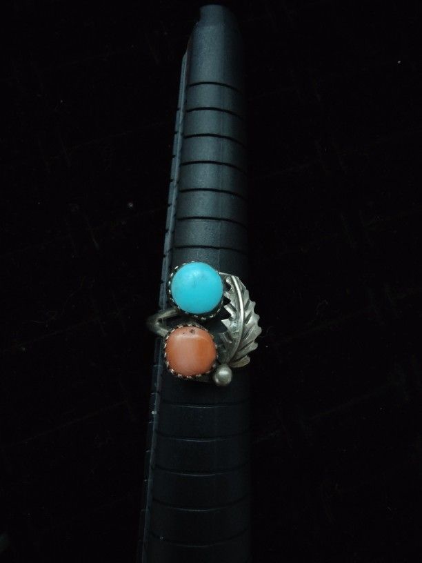 Sterling Silver Ring Turquoise & Carnelian Leaf Motif Real Sterling 925 Size 5