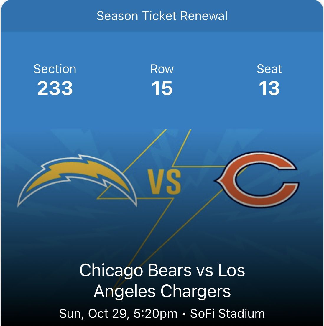 Selling Two Tickets To Chargers Vs Bears Sofi Stadium Oct 29 2023