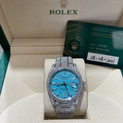 Rolex Datejust 41 41mm diamond set Tiffany blue dial iced out bussdown 126300 box and card