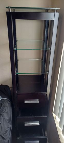 Dark Wood Display Shelf with Glass Shelves and Drawers