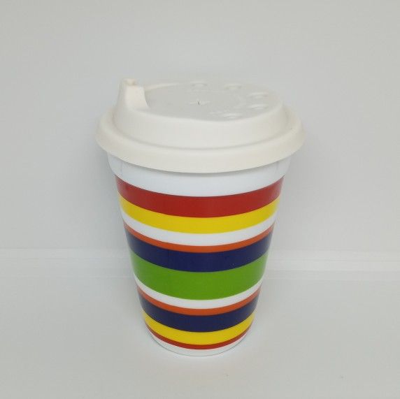 Dennis East Striped Ceramic Travel Tumbler Coffee Tea Cup w/ Take Out Style Lid
