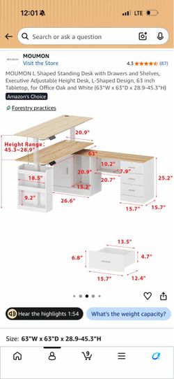 MOUMON L Shaped Standing Desk with Drawers and Shelves, Executive Adjustable Height Desk,