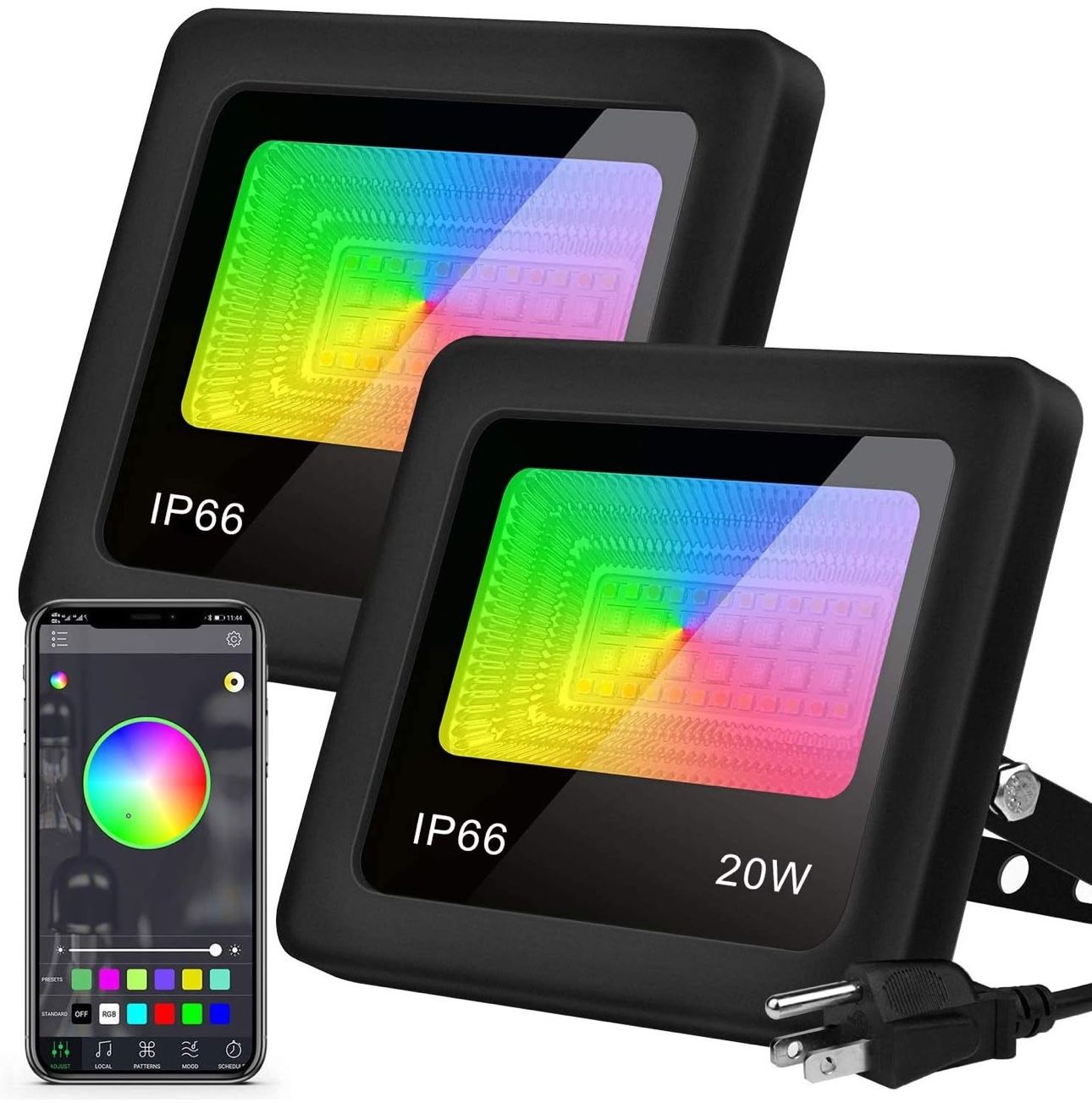 20W 2-Pack LED RGB Floodlight APP Bluetooth Control Outdoor/Indoor Dimmable RGBW Color Changing Floodlight Warm/Cold White Decoration Floodlight With 