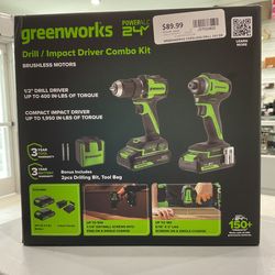 Brand New Greenworks 24V MAX Cordless Drill & Impact Driver, Batteries, Charger Combo Kit