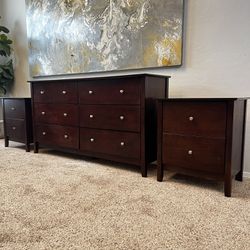 Solid Wood Brown Mahogany Dresser Set w/ Two Nightstands- Dovetail Drawers And Silver Knobs