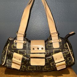 Guess Monogram Y2K 2000’s Vintage Shoulder Handbag Purse Brown Synthetic Leather