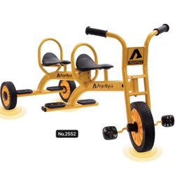 Tandem Tricycles for Kids 5-7 Year Olds, 2 Seater Preschool Pedal Kids' Trike with Solid Rubber Tires & Sturdy Metal Frame, Yellow