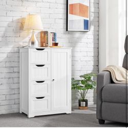 Large Bathroom Floor Cabinet with 4 Dawers and Single Door Cabinet, Freestanding Storage Cabinet for Living Room Kitchen Hallway, White