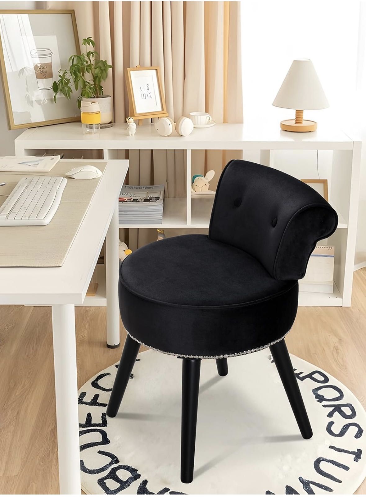 Modern Elegant Velvet Vanity Stool, Black, Round Velvet Padded Vanity Bench for Makeup Room, Bedroom, Easy to Assemble