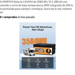 ECO-WORTHY Batería LiFePO4 de 3584 Wh, 12 V, 280 Ah con Bluetooth y corte de baja temperatura, BMS integrado de 200 A, ciclo profundo para cámper, rem