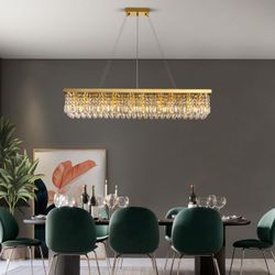 10-Light Crystal Chandelier, Gold Rectangular Flush Mount, Stainless Steel, 47in L x 10in W x 10in H, Modern Design for Dining Room
