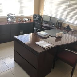 Cherry Wood Office Desk, Credenza, Filing Cabinet And 2 Charis