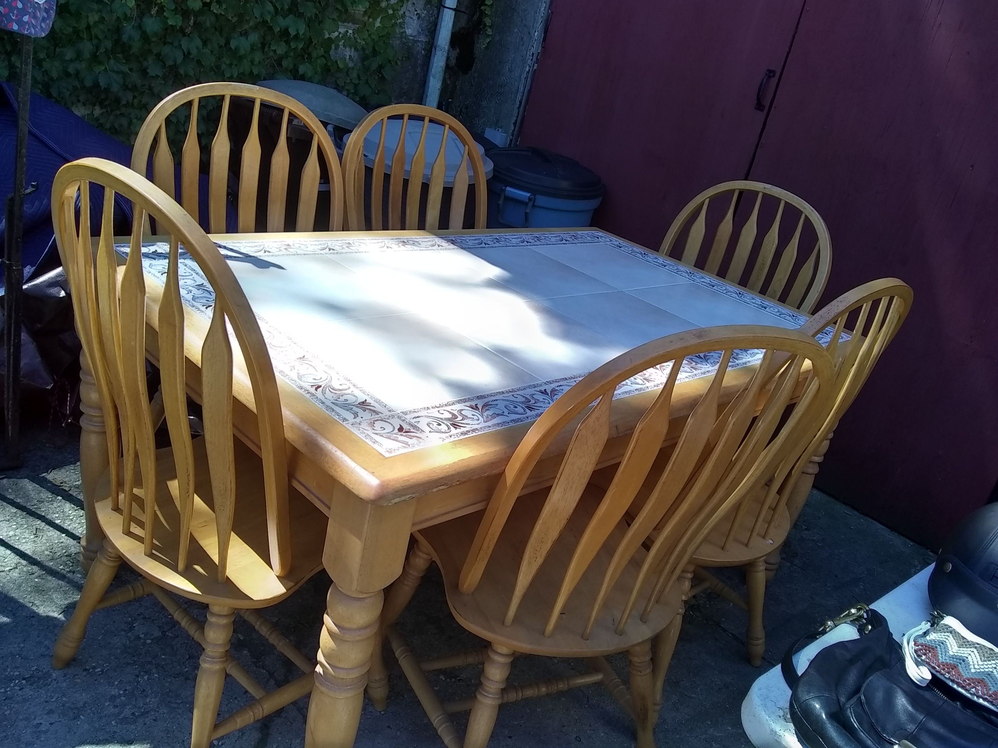 Solid wood ceramic tile inlay dining kitchen table and 6 chairs