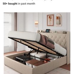  Queen Size Lift Up Storage Bed Frame w Charging Station