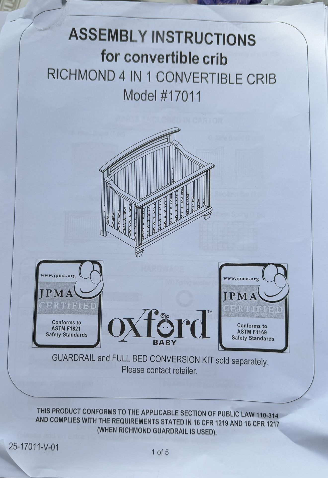 Oxford Baby Richmond 4-in-1 Convertible Crib β Model #17011
