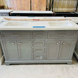 ‼️ Brand New 60 in. W x 23.5 in. D x 3 Bathroom Vanity in Gray with Marble Top in White  $799