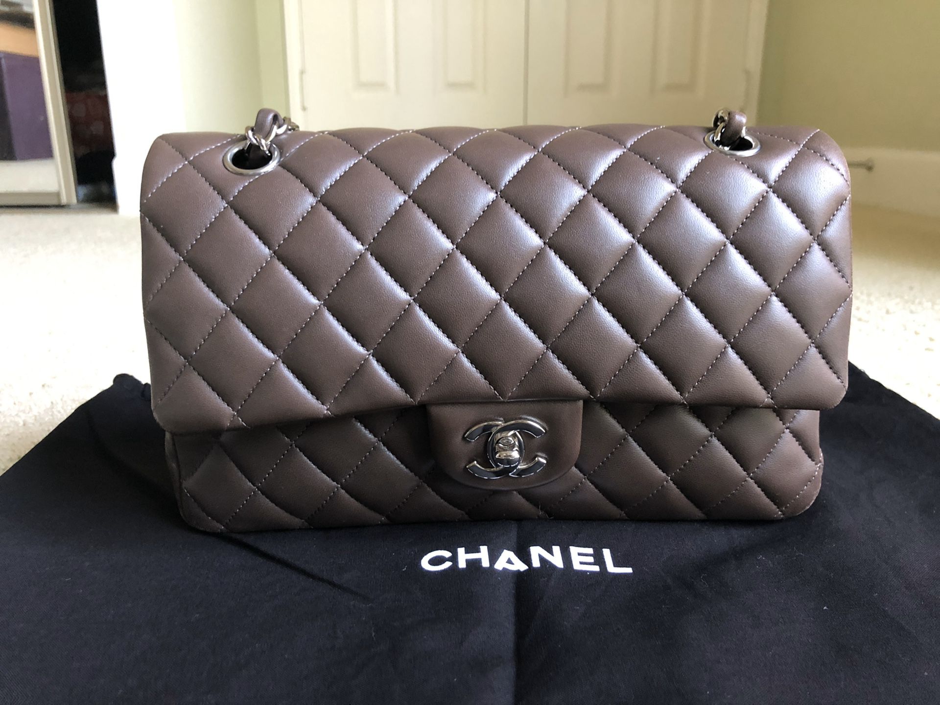 Chanel classic flap bag brown taupe lambskin medium silver hardware