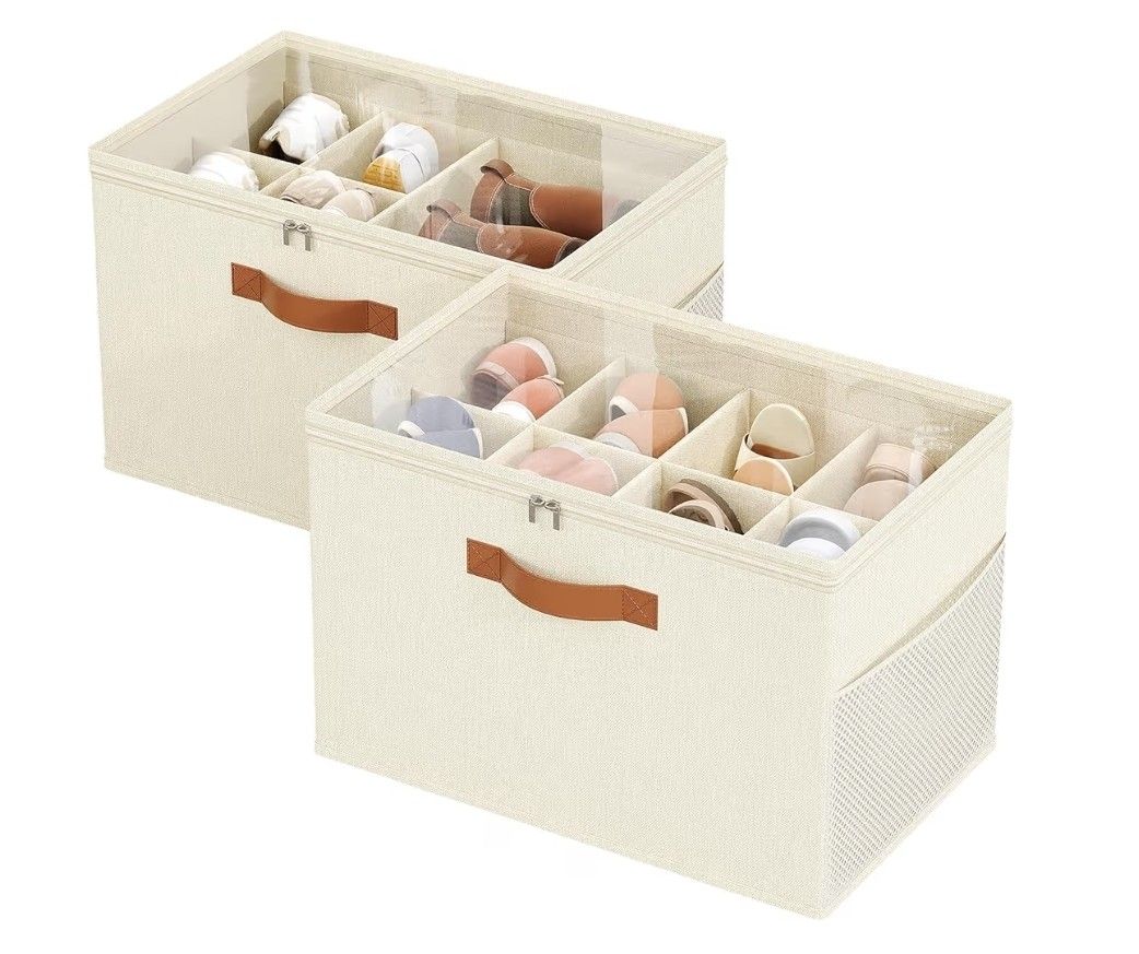 Shoe Organizer for Closet, 2 Pack Foldable Shoe Storage Organizer with Adjustable Dividers, Shoe Storage Box with Clear Cover, Fits up to 16 Pairs, Be