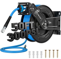 Retractable Air Hose Reel, 50 ft x 3/8 in Hybrid Air Hose Max 300PSI, Heavy Duty Air Compressor Hose Reel with Auto Rewind