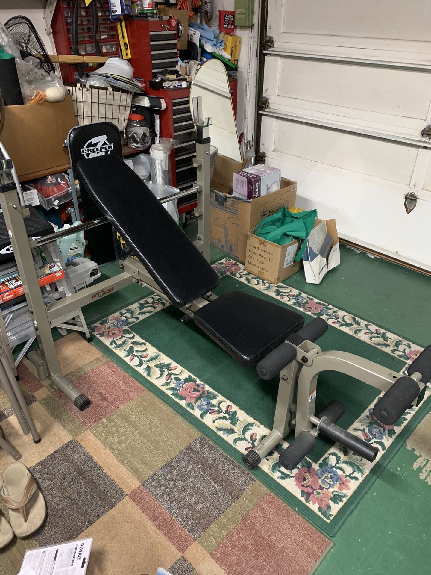“Best Fitness” Folding Bench + Weights