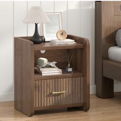 Night Stand with Charger Station, Fluted Wood Nightstand with Drawer Storage, Modern Bedside Table, Wide Nightstands for Bedroom, Mid Century Wooden N