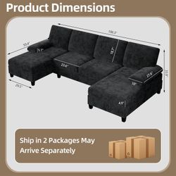 Walsunny Sectional Couches for Living Room, Convertible U-Shaped Sofa Couch with Double Chaise, 4 Seat Sofa Set Modular Sofa Couch for Apartment, Blac