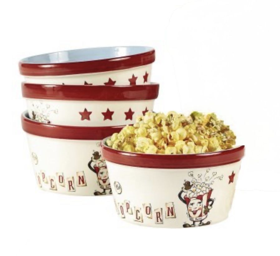 Everybody Loves Popcorn 4 Ceramic Bowl Family Retro Graphics Mr & Ms Poppy AND 2 Shakers 
