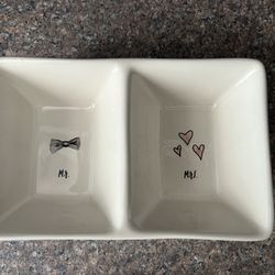 Vintage Rae Dunn “ Mr & Mrs “ Hearts & Bow Tie Divided Trinket Dish