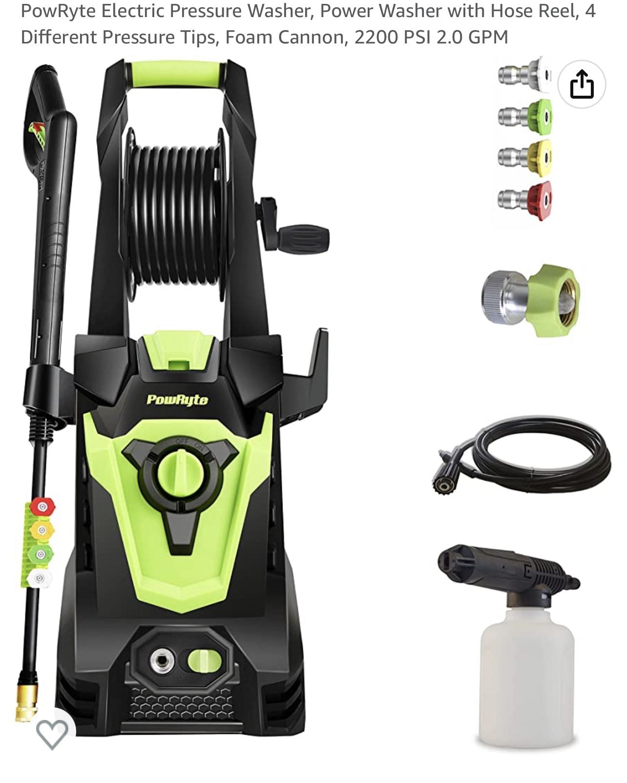 NIB 2000psi 2.0 GPM Electric Pressure Washer, Power Washer with Hose Reel Car Trucks 4 Different Pressure Tips, Foam Cannon