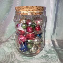 Glass Snowman Jar With Vintage Glass Ornaments 