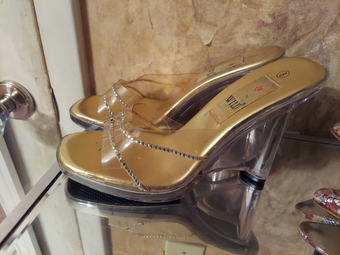 Clear And Gold Wedge Heel Slides Size 8