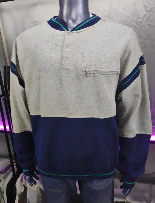 Pierre Cardin Vintage Men’s XLT Henley Sweatshirt Gray Navy